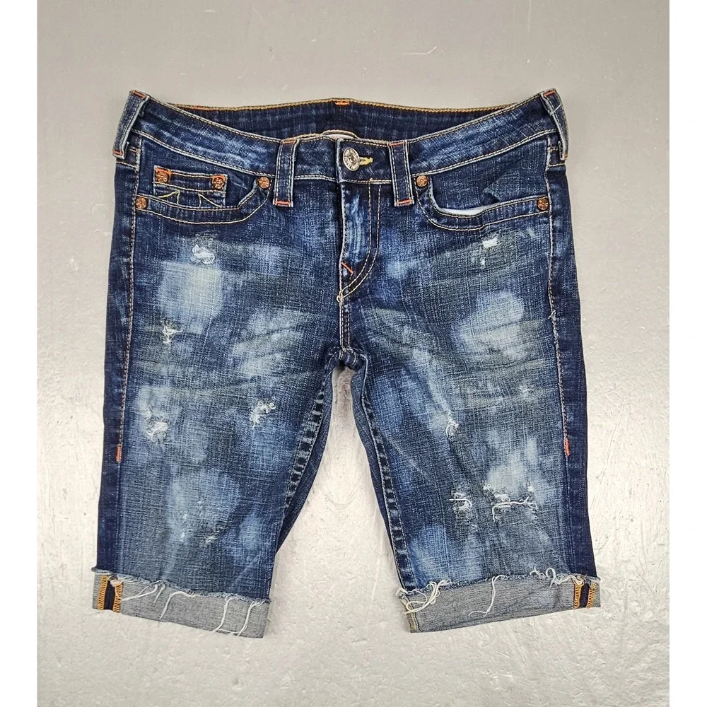 True Religion Cut-Off Bobby Shorts Mens 32 Blue Acid Wash Dark Denim Y2K